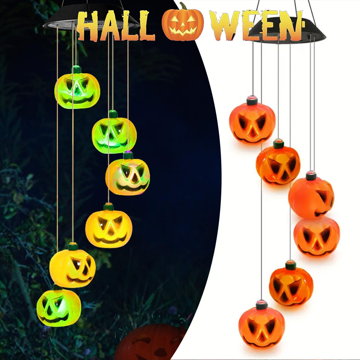 Halloween Pumpkin Decor Led - Solarbetriebene Halloween-Kürbis-Windspiele mit bunten LED-Lichtern –