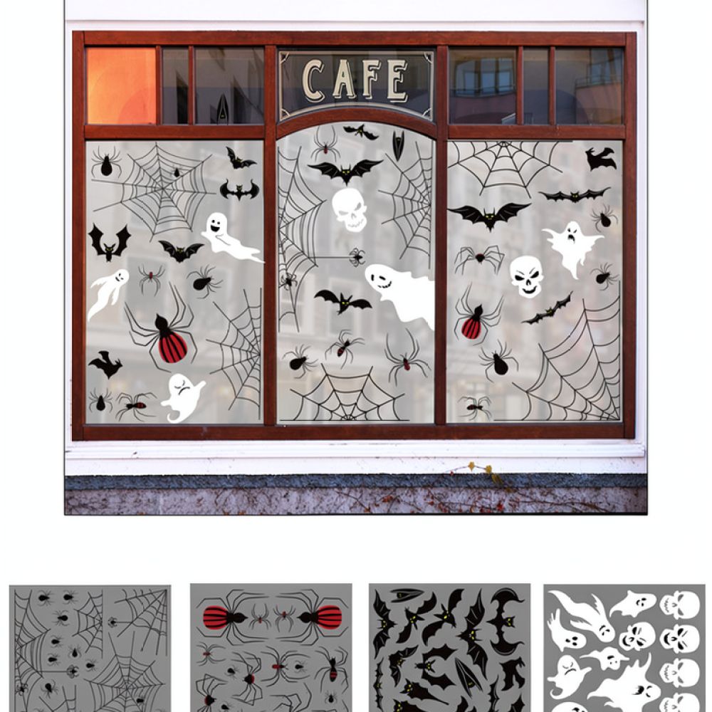 Halloween Skeleton Decoration - Halloween-Wandaufkleber, statische PVC-Fensterfolien, gruselige Spinnen-, Kürbis-