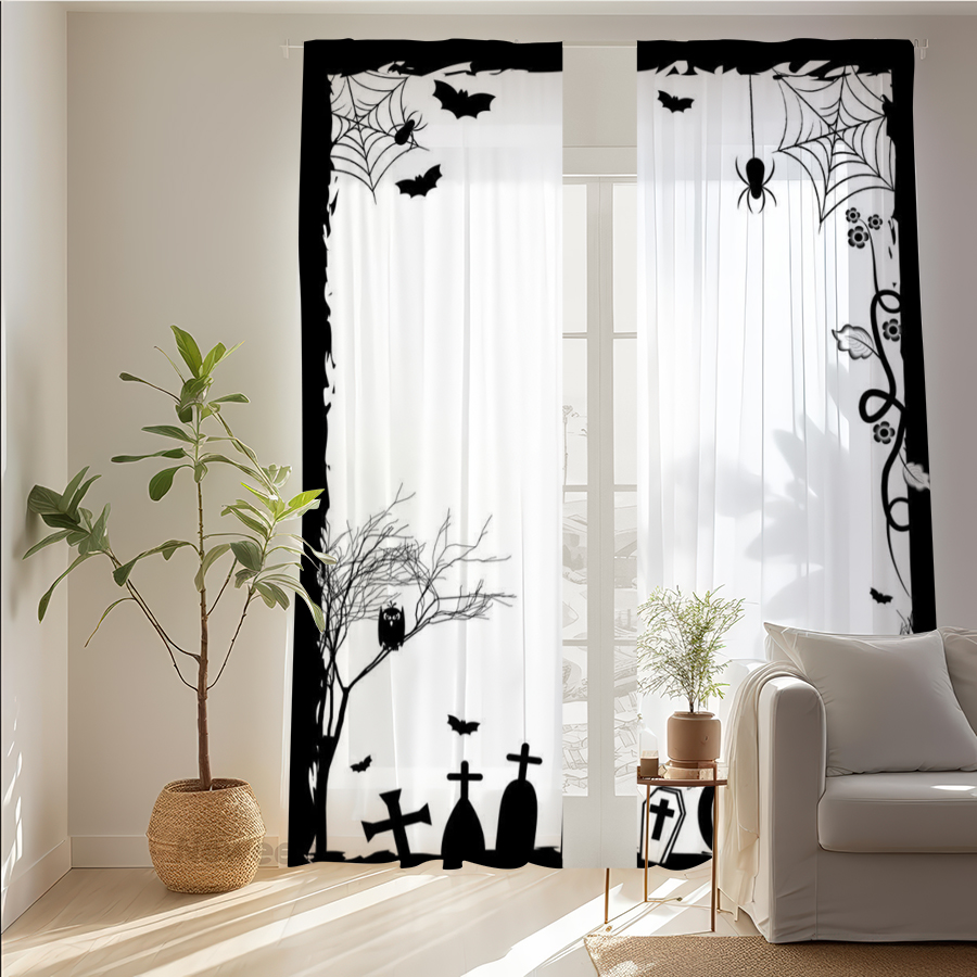 Spider Web Halloween Decoration - 2 Stück Digital Bedruckte Transparente Vorhänge,