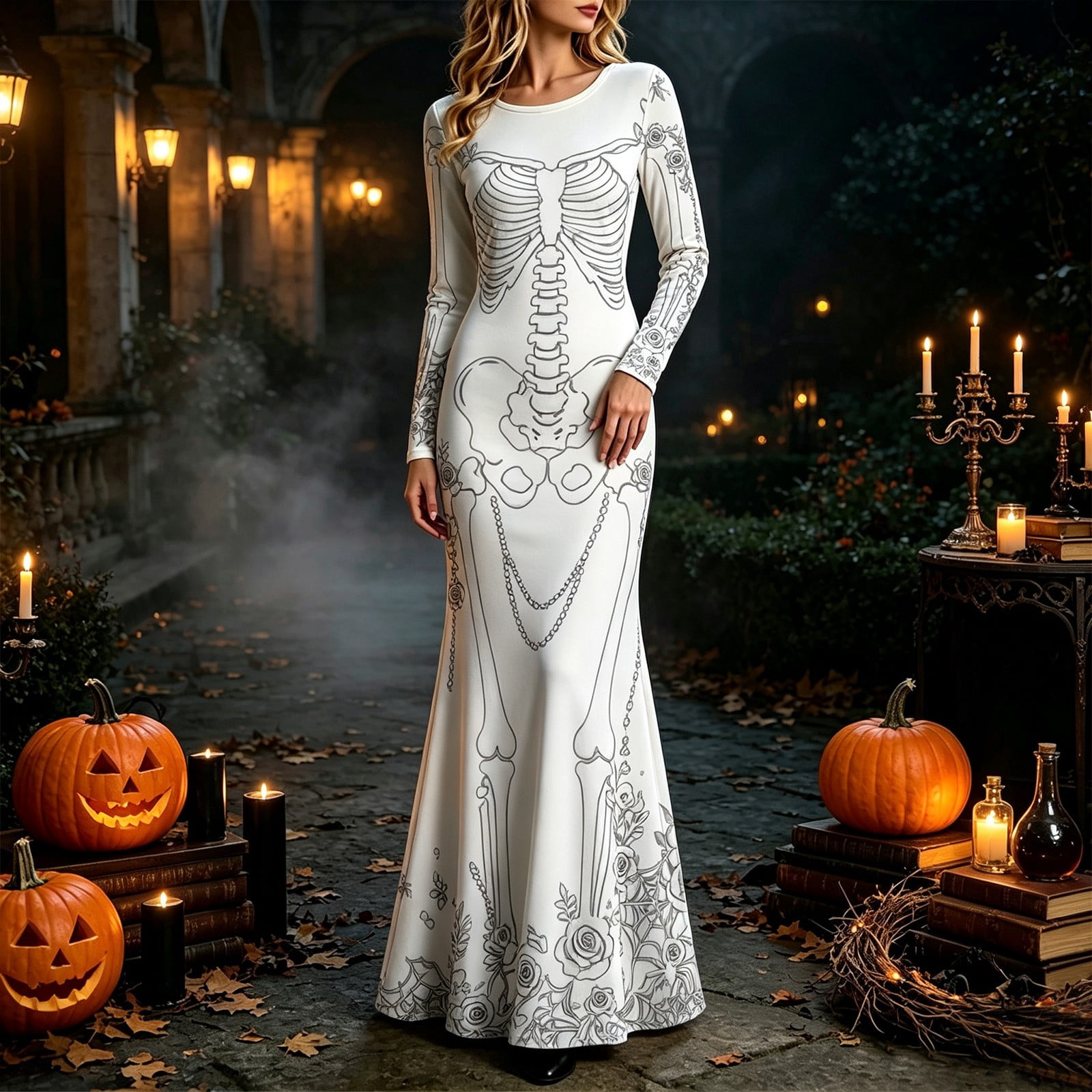 Halloween Skeleton Decoration - Damen-Maxikleid mit Skelett- und Rosenmuster, Gothic-Kleid