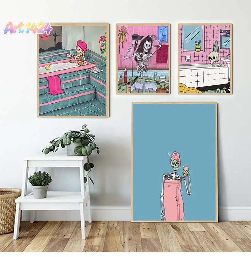 Halloween Skeleton Decoration - Skelett-Leinwanddruck und Poster, Lustige Toiletten-Wandkunst, Badeblasen,